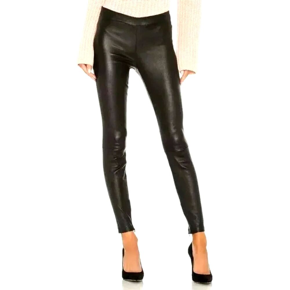 Vince Lambskin Leather Leggings Black Ankle Zip Skinny Pants Women M